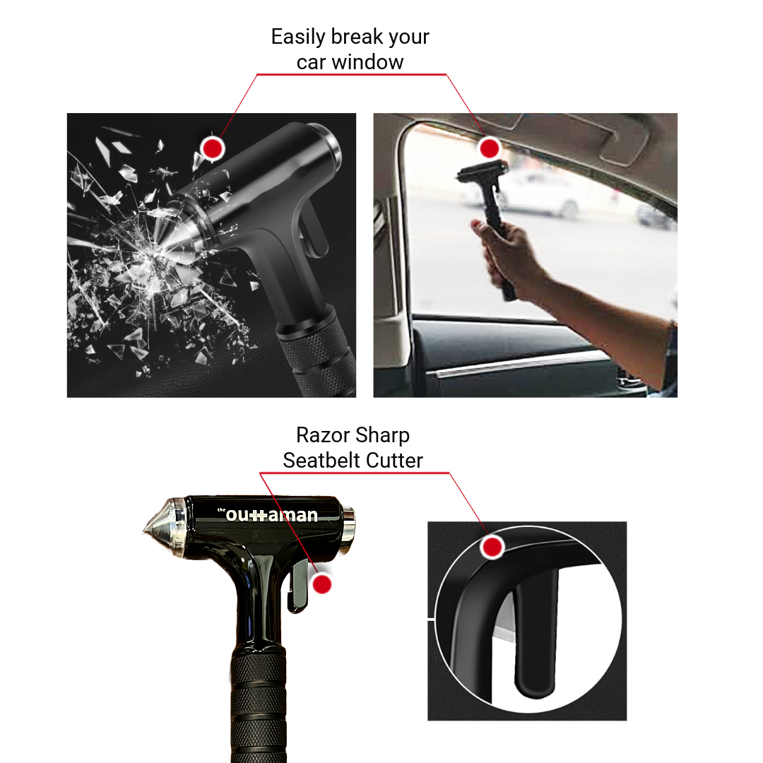 Seatbelt Cutter + Glass Break Hammer + Flashlight