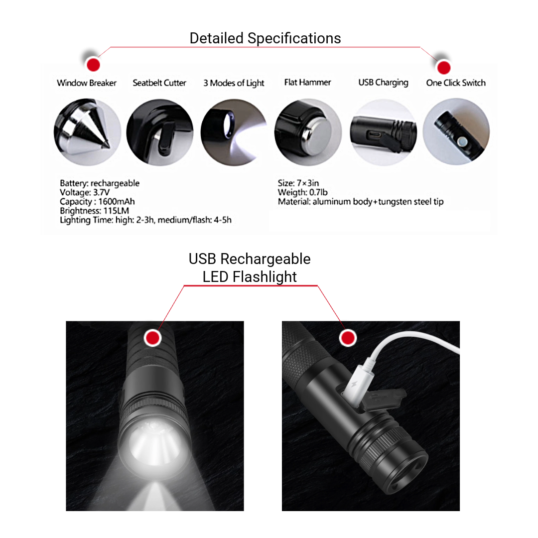 Seatbelt Cutter + Glass Break Hammer + Flashlight